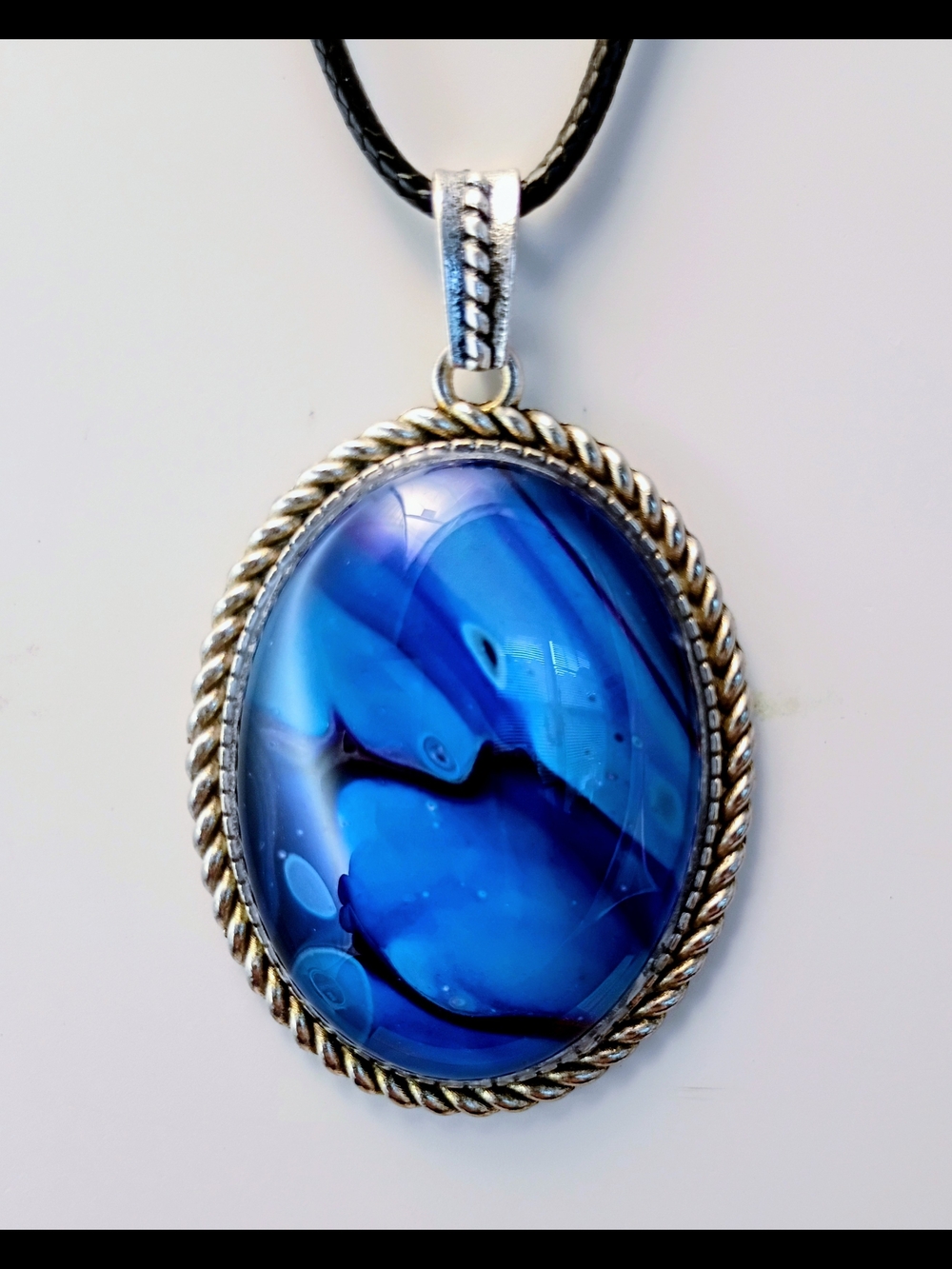 Hand Painted Oval Pendant Necklace Behind Glass W/ Cord In Silver Tone Setting